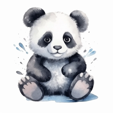 Cute fluffy panda clipart illustration on white background, cuddly cartoon watercolor