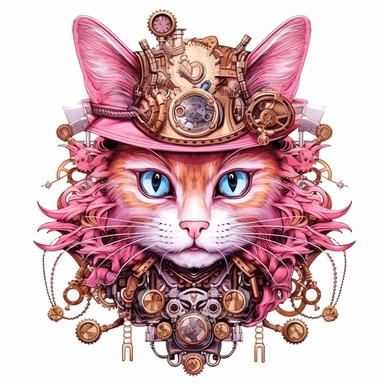 Beautiful Pink Steampunk Cat Sublimation Girl Clipart ,Cartoon,hyper realistic, intricate detail, illustration style,high solution,on the white background