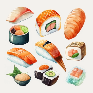 High Detail clipart of sushi, no sauce, no lines, no outlines, clipart, featured on dribble, japanese Dinner clipart, minimalist, computer vector graphic design clip art, watercolor illustration clipart, watercolour clipart, PNG transparent background