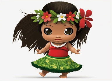 a cute baby Hawaiian hula dancer clipart with white background big eyes and beautiful black hair, full body, flower crown wearing green hula skirt and red top , realistic, 80mm,