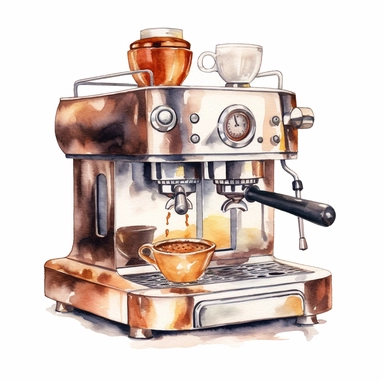 A vintage espresso machine with a backdrop of freshly ground coffee clipart, white background, watercolor drawing