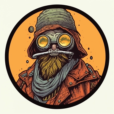 steampunk desert bandit merchant, Basil Wolverton Mike Allred Mad Max Lord of the Rings, handpainted punk zine indie retrowave, clipart illustration, circular solid background