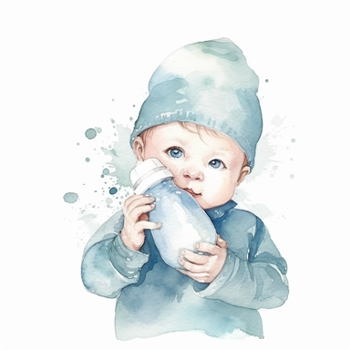 cute watercolor newborn soft blue baby holding baby bottle, watercolor effect, isolated white background, babyshower clipart, soft blue tones