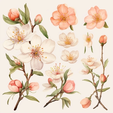 Trendy watercolor clipart featuring delicate peach blossoms painted in soft pastel tones, accompanied by five ripe peaches in the picture. The watercolor medium brings out the ethereal beauty of the blossoms, with intricate brushstrokes capturing their graceful petals and intricate details. The peaches add a touch of vibrant color and visual interest to the composition, complementing the softness of the blossoms. The trendy design incorporates a modern color palette, blending subtle and harmonio