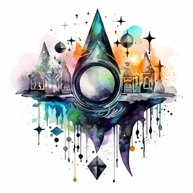 clipart watercolor creepy magic crystals with crescent moon and stars, fantasy, detailed, white background, illustration painting, collaged constructions, digital art, in the style of sculptural and geometric, forced perspective drawings, Geometric brushstrokes form an intriguingly abstract, painterly figure