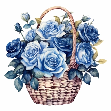 hand drawn vector watercolor, blue basket of roses, cute, lovely style, funny cartoon, white background Sublimation Clipart,hyper realistic, intricate detail, illustration style,high solution,on the white background