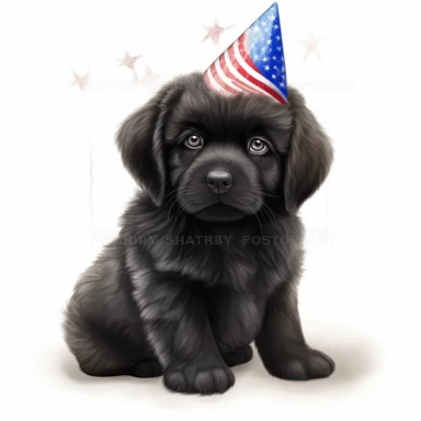 digital clipart, solid white background, a Newfoundland realistic cute happy little puppy celebrating 4th of july