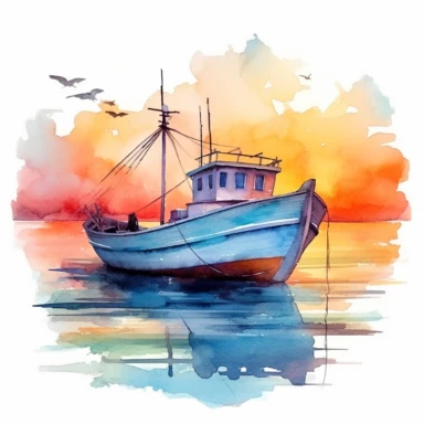 clipart de acuarela de barcas en el mar en atardecer sobre fondo trasero blanco, super detallado,moche art, 16k, full color, fotorealista, obra maestra, manchas de acuarela