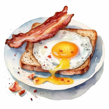 Clipart of a very detailed plate with two toasts, fried eggs and bacon, surrounded by white background, wide shot, very detailed, watercolor illustration, white background, cinematic, high quality, 32 k,