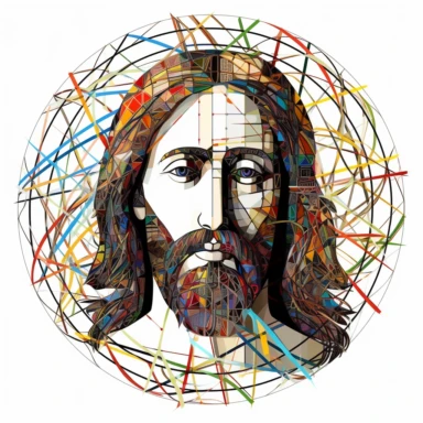 drawing of jesus christ, in the style of cultural mood, expressive black lines, harmonic colors, circle border out of thorns, white background, clipart