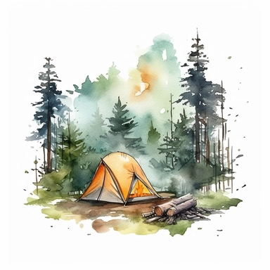 camping scene in forest watercolor style clipart on white background with margins