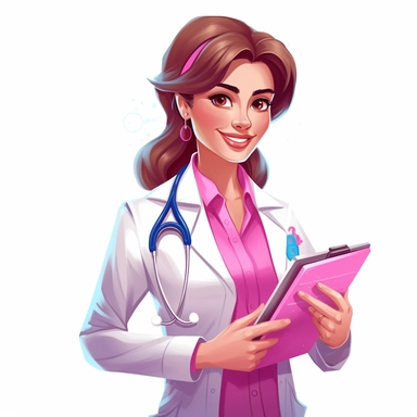 Female doctor in her early 30s gazing directly at the viewer, dressed in a white lab coat with an employee ID badge clipped to the coat, wearing pink latex gloves, holding a clipboard, and a stethoscope around her neck which should be well-defined and not appear glitchy or distorted. Ensure her white lab coat and employee ID badge are crisp and clearly visible. It's important to ensure that the image looks crisp and professional, with every detail of the medical equipment and attire portrayed ac