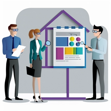 Clipart with white background of 3 appraisers (2 men and one woman) wearing professional attire with magnifying glasses and clipboards. One man looking at a house, one man looking at a table with a lamp on it, one woman in stand in front of a whiteboard to take notes, colored purple blue grey and back, design should be reminiscent of what is on modern websites, ux, ui, ux/ui