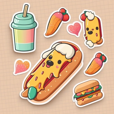 cute hot dog sticker set, sticker pack, sticker sheet, character sheet, multiple stickers, Watercolor Clipart, chibi, simple, minimal art, hand-drawn, vector art, adorable, lovely, whimsical, cute and quirky, watercolor effect, bokeh, low-poly, retro aesthetic, 4K resolution, photorealistic rendering, using Cinema 4D