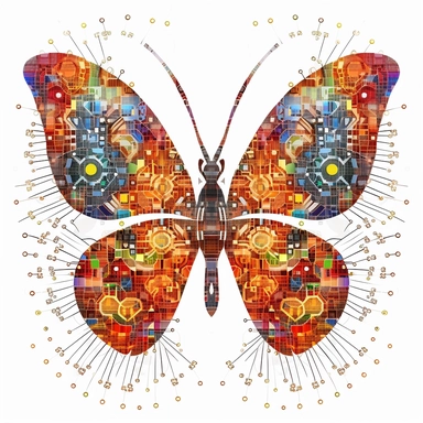 clipart of geometric butterfly, matrix code, intricate, vibrant chakra colors, sacred geometrical patterns, on white background