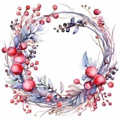 Watercolor collection with isolated snowberry cliparts, winter berries and collected wreath out branches. Illustration, new year decor, christmas clipart for your design