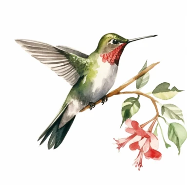 hummingbird perched on branch with leaves, watercolor, clipart, realistic, white background, sketchfab