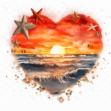 Retro Heart Beach Sunset Watercolor Clipart, Watercolor Beach Sunset in a Heart Shape Clipart, Beach Clipart, sand, starfish, Watercolor Clipart, highly detailed, white background 8k