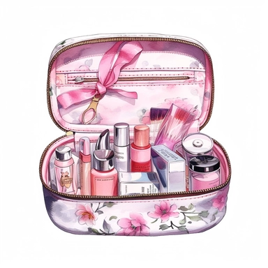 Travel Watercolor Clipart, small cosmetic bag ,19 Pink girly, single object, isolated on white background, highly detailed, hand painted watercolor illustration by Cath Kidston, Emma Bridgewater, white background for removing background - - no text shadow font watermark