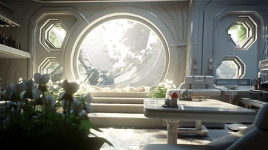 movie clip scene mid day of summer, shimmering lights and shadows over living room studio library and kitchen open concept photographic high definition render, cold blinding shinny white fall light god rays shadows shimmering closeup detail concept art detailed painting with giant spaceship window of a cool industrial living quarters spaceship , huge over window with gorgeous galactic view, happy blade runner android, cool airvehicle cockpit, living bedroom office, droid parts in shinny clothes 