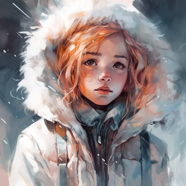 Majestic girl, exploration, Platinum blonde messy hair, bright auburn eyes, snowy background, wearing white coat with fur around hood, looking up to the sky, watercolor clipart, strybk, full illustration, 4k, sharp focus, watercolor, smooth soft skin, symmetrical, soft lighting, detailed face, concept art, muted colors, watercolor style, strybk, kids stories, chibi kawaii, . Octane rendering, 3d. Perfect face, detailed face, delicate face, perfect sharp lips, detailed eyes. Craig Davison, Aubrey