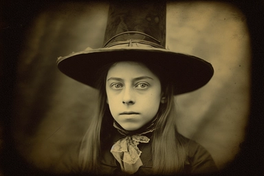 Sinister Victorian photo of a young witch, daguerrotype, clipart, spaced out, hd,