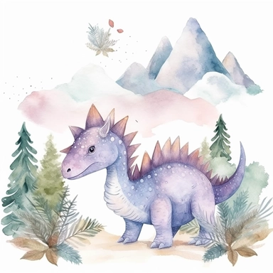 friendly, fluffy watercolor dinosaurs clipart, pastel colors, in the mountains, forest, separated, seamless, transparent background--AR 3:2