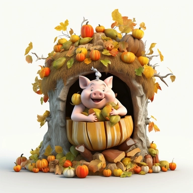 pig in a pig sty eating leftover food scraps of pumpkins corn and apples, old tree behind pig style. Fairytale Cartoon Art Style, Full Body Image and Appearance, 3D-Designed Character, in style of clipart with no background.