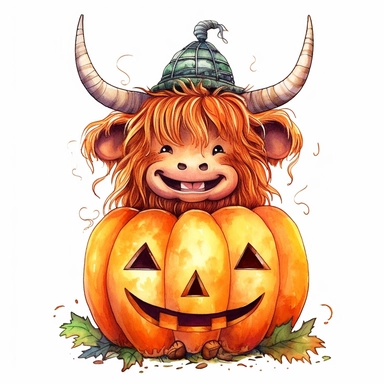 Cute funny highland cow in Jack - o' - lantern, kids cartoon style, illustrated, watercolor, isolated on a white background, high detail, unique, intricate detail , style by Lucy Fleming, watercolor, smooth gradients, black contour outline, ultra detailed, clipart elements, delicate pastel colors, solid white background, super clear, high quality