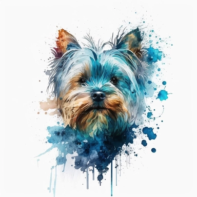 the Yorkshire Terrier is painted beautifully with watercolor splashes, in the style of light azure and dark amber, uhd image, avacadopunk, ferrania p30, elegant, emotive faces, high resolution, symmetrical, white background, no overflow, clipart