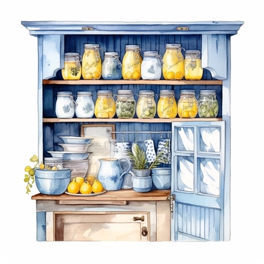 watercolor, hyper realistic, white background, white margins, 16k, ultra detailed clipart, cut out image, hand-drawn a kitchen cabinet with white cups and pots on it, in the style of charming illustrations, azure, pastoral nostalgia, raw materials, light yellow and dark blue, fujifilm natura 1600, windows vista