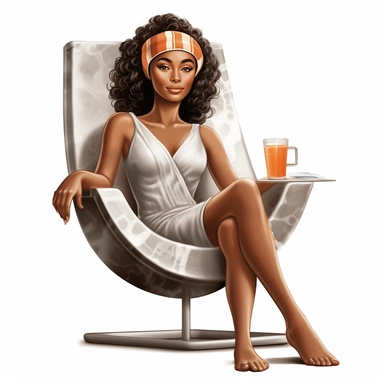 illustration clipart of latina african american woman sitting with clay face mask on, sitting in a spa chair, hyperrealistic, white background