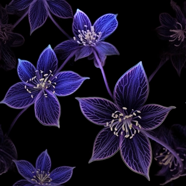 Purple borage flowers as a clipart with black background. A masterfully crafted digital artwork that explores the beauty and intricacy of purple borage flowers. The composition offers a close-up perspective, allowing the viewer to marvel at the delicate details of each petal and the unique patterns they create. Soft lighting highlights the vibrant purple tones, evoking a sense of tranquility and serenity. The artwork exhibits a contemporary realism style with a touch of impressionism, reminiscen