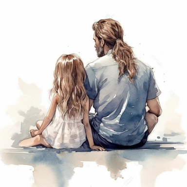 fathers day, father and family, yound daugter, long hair, sitting, back view,beautiful cloths, beautiful, loving, watercolor clipart