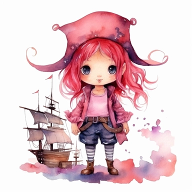 Cute little pirate girl standing on her pirate ship pink watercolor Clipart