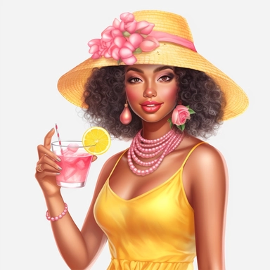pretty black girl, Sun Straw Hat Wide Brim Summer Hat Foldable Roll up Floppy Beach Hats, pretty, holding a pink cocktail drink, yellow outfit, 4k, hd, clipart