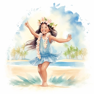 watercolour, beautiful soft colours, tropical island setting, showcase an adorable little Hawaiian girl doing the hula on the beach with her family, she feeling is happy, celebration, they are all wearing flowers in their hair, beautiful clipart style
