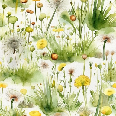 seamless pattern watercolor art of tuft of grass with dandelions, rocks, bugs in a field, in the style of realistic and hyper-detailed renderings, sketchfab, ahmed morsi, realistic watercolor paintings, use of common materials, handcrafted designs clipart