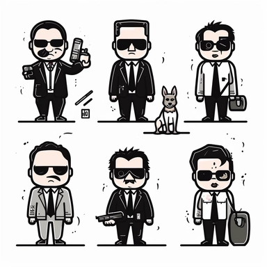 a set of postmodern black line clipart inspired by Reservoir Dogs and Pulp Fiction