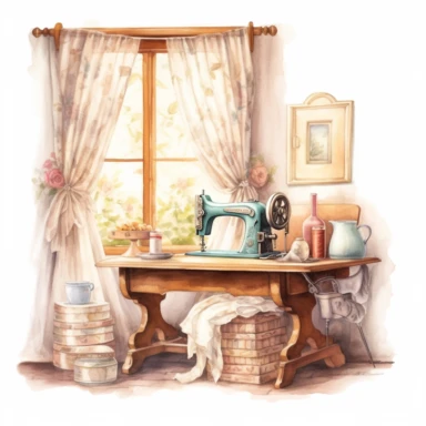victorian style old fashioned sewing corner with watercolor effect,suitable for digital clipart,white background,sewing machine,sewing tools,vintage style arched window,vintage scene,vintage home style,soft colored