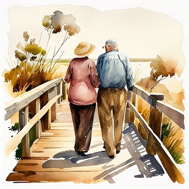 Old Couple Watercolor Clipart walking along a boardwalk with back towards us