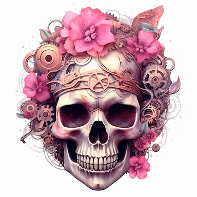 Pink Steampunk Skull Flower Sublimation Girl Clipart ,Cartoon,hyper realistic, intricate detail, illustration style,high solution,on the white background