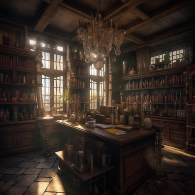 A wizard's library/laboratory is an impressive space that appears to blend academic knowledge with magic. The room is surrounded by tall dark wood shelves containing numerous old books and glass bottles filled with potions. The space is well-lit by high, narrow windows that allow natural light to enter. In the center of the room, there is a large sturdy table filled with scientific equipment such as microscopes, test tubes, and pipettes, along with magical ingredients such as bat wings and unico
