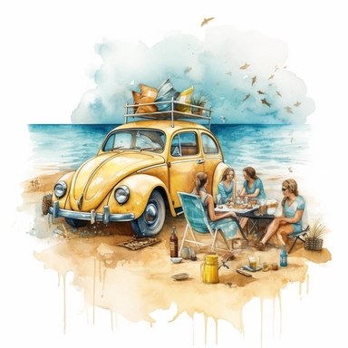 watercolor, hyper realistic, white background, white margins, 16k, ultra detailed clipart, cut out image, hand-drawn, whimsical a group of friends having a barbecue on the beach with a car parked nearby. yellow and teal