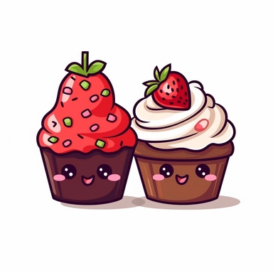 Cute strawberry and chocolate cupcake with a cute cherry flat vector design cartoon for clipart and logo png