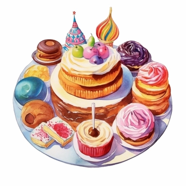 watercolor cake and cupcakes watercolor wcd eps, in the style of eye-catching composition, circular shapes, large canvas paintings, soviet, calligraphy-inspired, nightcore, simple Clipart desert cartoon t-shirt graphic, vector,contour, isolated on a white background