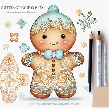 A watercolor painting of cute christmas gingerbread man, christmas gingerbread man, christmas gingerbread, cute detailed digital art, inspired by nicoletta ceccoli, by Kubisi art, whimsical and cute, by nicoletta ceccoli, cute detailed artwork, glimmering, adorable and whimsical, whimsical art, Clipart style, png style, svg style, blank white background, a solid white background