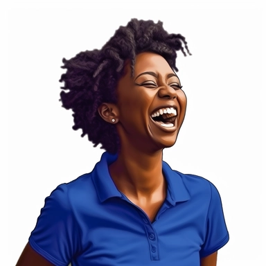 photo-realistic beautiful and physically fit African American woman, age 25, wearing a royal blue polo shirt, laughing at a very funny joke, waist view on white background for vector clipart