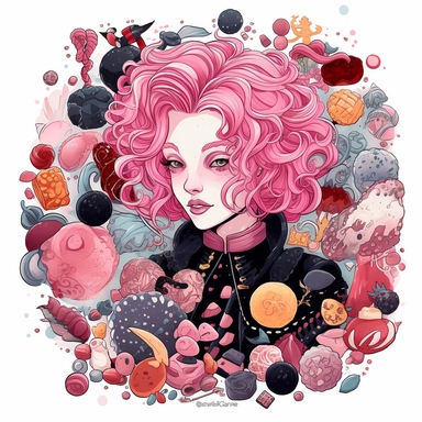 A colourful pink-black-red candy magician with pink hair style of the XVII century. in a gothic fantasy style, depicted in a clipart image on a white background. She has a clean charismatic face. The candy-magician is placed in the center of the image and surrounded by mystical candies, cookies, muffins and magical elements, such as potions, and enchanted crystals in a candy style. The image is created with watercolors, giving it a whimsical and mystical feel. character in the style of Aleksi Br