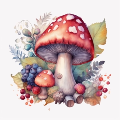 a watercolor magic mushroom clipart with berries and plants, in the style of psychedelic tableaux, illustration, 8k, white background, no comment